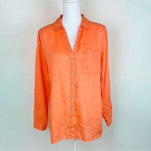 Sigrid Olsen Women L Button Up Tunic 100% Linen Tab Sleeve Blouse Lightweight